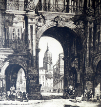 Load image into Gallery viewer, Sidney Tushingham (1884-1968). Pencil Signed Drypoint Etching.  Plaza del Corrillo, Salamanca in Spain. Framed and in excellent condition

