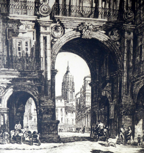 Sidney Tushingham (1884-1968). Pencil Signed Drypoint Etching.  Plaza del Corrillo, Salamanca in Spain. Framed and in excellent condition