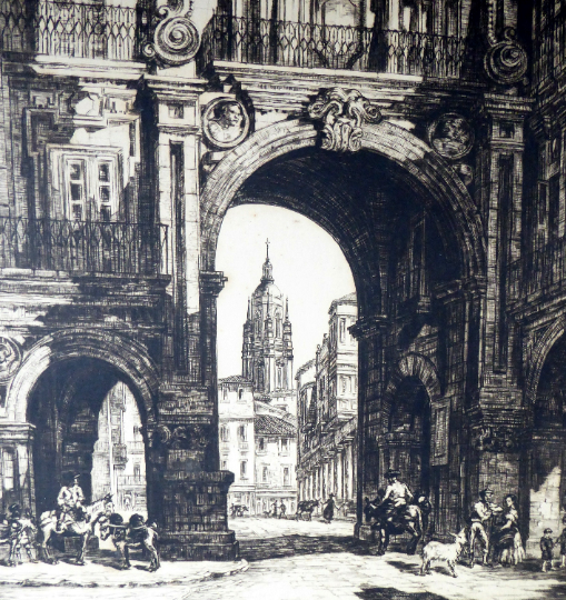 Sidney Tushingham (1884-1968). Pencil Signed Drypoint Etching.  Plaza del Corrillo, Salamanca in Spain. Framed and in excellent condition