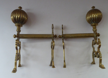 Load image into Gallery viewer, Aesthetic Movement Brass Fire Dogs or Antique Andirons with Large Ribbed Balls Finials
