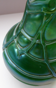 Vintage KRALIK ART GLASS Irridescent Green Glass Vase Decorated with Random Trails; c 1910