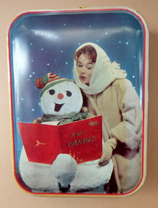 Cute Little Vintage 1960s SNOWMAN CAROL SINGING Christmas Waller & Hartley Toffee Tin
