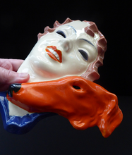 Load image into Gallery viewer, ART DECO Royal Dux, Czechoslovakia Wall Mask. 1930s Lady with Strange Hollow Eyes and Abstract Orange Borzoi Hound Dog
