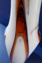 Load image into Gallery viewer, Mid-Century Italian V.B Opaline Vase with Orange and Black Stripes &amp; Streaks; with Attenuated Neck. 17 inches in height
