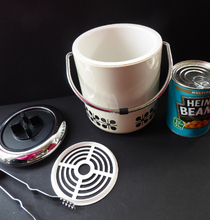 Load image into Gallery viewer, Vintage 1960s JAPANESE White Enamel Ice Bucket with Atomic Design. Original plastic drip tray and chrome tongs
