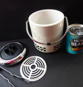 Vintage 1960s JAPANESE White Enamel Ice Bucket with Atomic Design. Original plastic drip tray and chrome tongs