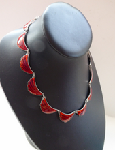 Load image into Gallery viewer, 1950s NORWEGIAN Guilloche Enamel and Silver Necklace by Elvik &amp; Co. with 12 Red Shell Shaped Links
