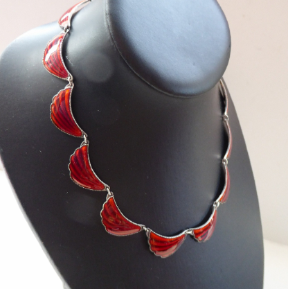 1950s NORWEGIAN Guilloche Enamel and Silver Necklace by Elvik & Co. with 12 Red Shell Shaped Links