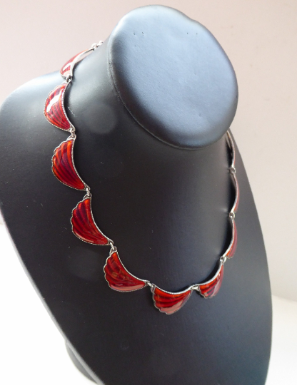 1950s NORWEGIAN Guilloche Enamel and Silver Necklace by Elvik & Co. with 12 Red Shell Shaped Links