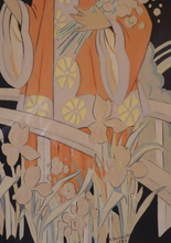 Load image into Gallery viewer, 1930s Art Deco Watercolour. Japanese Lady with Parasol in a Garden 
