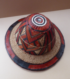 Vintage AFRICAN (Ghana) Woven Straw & Leather FULANI Hat with Straps. Nice, clean condition