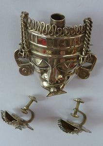Vintage MEXICAN Taxco SILVER Mayan / Aztec Brooch PLUS Matching Screw On Earrings