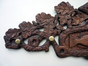 Unusual Antique FOLK ART / SCANDINAVIAN Carved Wood Coat Hook with Tiny Brass Pegs for Little Drawstring Bags: Dated 1886