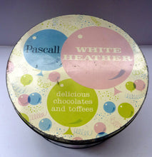 Load image into Gallery viewer, Large STORAGE BOX. Early 1960s Sweetie Tin for Pascall&#39;s White Heather Chocolates and Toffees. Fabulous Vintage Design
