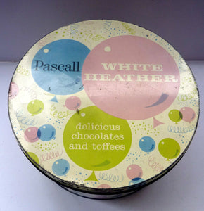 Large STORAGE BOX. Early 1960s Sweetie Tin for Pascall's White Heather Chocolates and Toffees. Fabulous Vintage Design