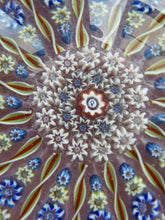 Load image into Gallery viewer, LARGE Vintage Scottish PERTHSHIRE Paperweight. Sugar Pink Ground, 15 Spokes &amp; Millefiori Canes. P Cane in Center
