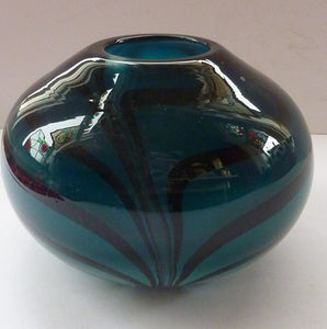 Attractive Piece of Studio Glass by Katie Brown. Kingfisher Blue Bowl with Black Feathered Pattern. Signed indistinctly to the base