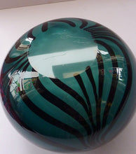 Load image into Gallery viewer, Attractive Piece of Studio Glass by Katie Brown. Kingfisher Blue Bowl with Black Feathered Pattern. Signed indistinctly to the base

