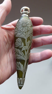Collector's Item THOMAS WEBB Antique Glass CAMEO Perfume Bottle or Flask. Olive Green with White Floral Decoration