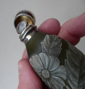 Collector's Item THOMAS WEBB Antique Glass CAMEO Perfume Bottle or Flask. Olive Green with White Floral Decoration