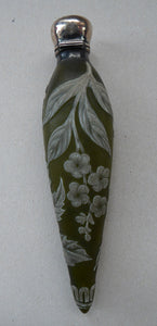 Collector's Item THOMAS WEBB Antique Glass CAMEO Perfume Bottle or Flask. Olive Green with White Floral Decoration