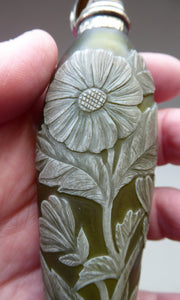 Collector's Item THOMAS WEBB Antique Glass CAMEO Perfume Bottle or Flask. Olive Green with White Floral Decoration