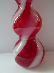 Fabulous Space Age Alrose / Empoli Italian Glass Genie Bottle Vase: Complete with Original Stopper. Red and White Candy Stripes