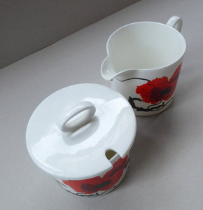 SUSIE COOPER for WEDGWOOD. 1971 Cornpoppy Design. Stylish Floral Bone China Sugar Bowl & Milk Jug