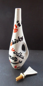 Vintage 1960s Amorphic White Porcelain Drinks / Cocktails Bottle or Decanter. Embellished with the names of drinks.