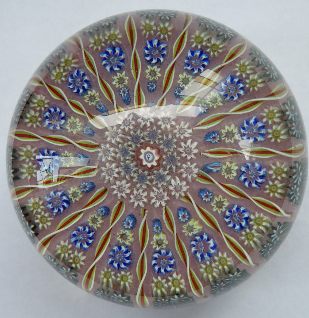 LARGE Vintage Scottish PERTHSHIRE Paperweight. Sugar Pink Ground, 15 Spokes & Millefiori Canes. P Cane in Center