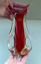 Load image into Gallery viewer, LARGE 1960s Murano SOMMERSO Red and Yellow Cased Glass Vase. Holes to Side. Height 9 3/4 inch
