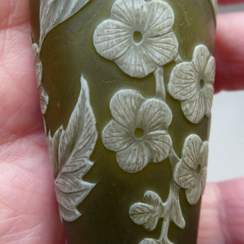 THOMAS WEBB Antique Glass CAMEO Perfume Bottle or Flask. Olive Green with White Floral Decoration