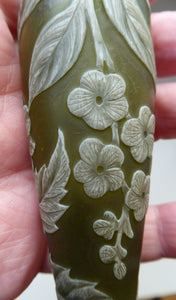 Collector's Item THOMAS WEBB Antique Glass CAMEO Perfume Bottle or Flask. Olive Green with White Floral Decoration