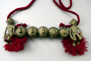 Vintage NAGALAND Cast Brass Chest Ornament - FIVE  Conjoined Heads and Two Full Figures