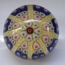 Load image into Gallery viewer, Beautiful VASART Scottish Glass Paperweight with 8 Spokes; with yellow ground, latticino canes &amp; millefiori
