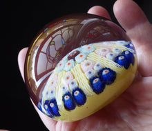 Load image into Gallery viewer, Beautiful VASART Scottish Glass Paperweight with 8 Spokes; with yellow ground, latticino canes &amp; millefiori
