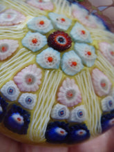 Load image into Gallery viewer, Beautiful VASART Scottish Glass Paperweight with 8 Spokes; with yellow ground, latticino canes &amp; millefiori
