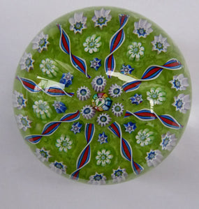 Vintage Scottish PERTHSHIRE Paperweight. Pea Green Ground, 11 Spokes & Millefiori Canes. P Cane in Center
