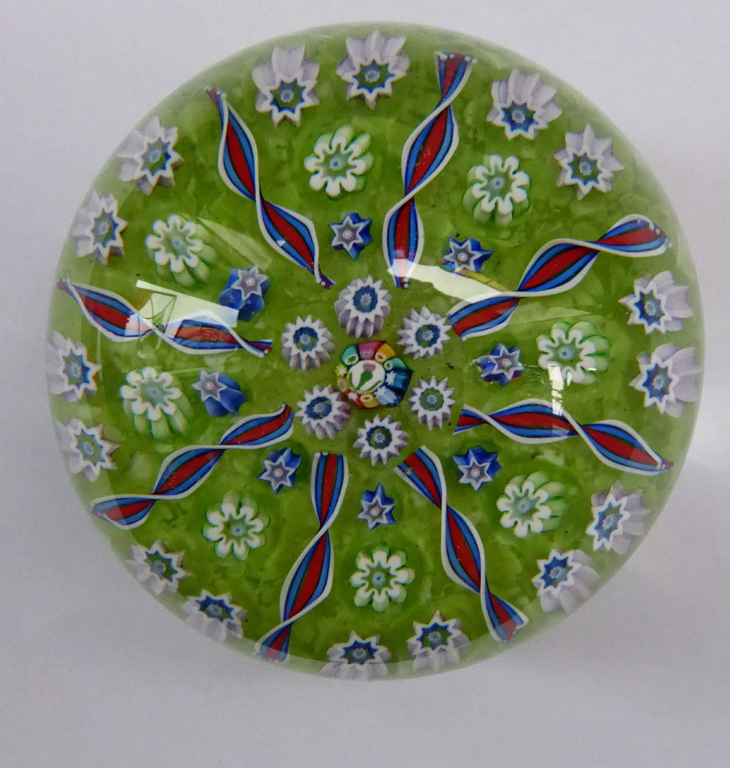 Vintage Scottish PERTHSHIRE Paperweight. Pea Green Ground, 11 Spokes & Millefiori Canes. P Cane in Center