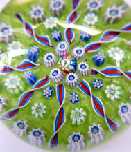 Load image into Gallery viewer, Vintage Scottish PERTHSHIRE Paperweight. Pea Green Ground, 11 Spokes &amp; Millefiori Canes. P Cane in Center
