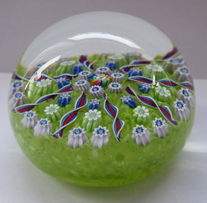 Vintage Scottish PERTHSHIRE Paperweight. Pea Green Ground, 11 Spokes & Millefiori Canes. P Cane in Center