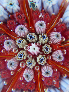 (SR) Beautiful VASART Scottish Glass Paperweight with 8 Spokes; with red ground ground, latticino canes & millefiori