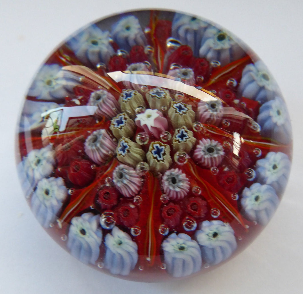 (SR) Beautiful VASART Scottish Glass Paperweight with 8 Spokes; with red ground ground, latticino canes & millefiori