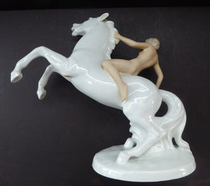 Fine WALLENDORF PORZELLAN Art Deco Style Large Figurine of a Nude Lady Warrior Riding a White Horse. PRISTINE