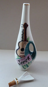Vintage 1960s Amorphic White Porcelain Drinks / Cocktails Bottle or Decanter. JEREZ: Embellished with image of Spanish Guitar