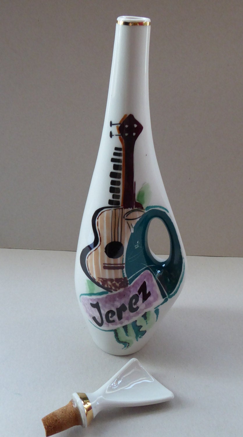 Vintage 1960s Amorphic White Porcelain Drinks / Cocktails Bottle or Decanter. JEREZ: Embellished with image of Spanish Guitar