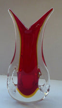 Load image into Gallery viewer, LARGE 1960s Murano SOMMERSO Red and Yellow Cased Glass Vase. Holes to Side. Height 9 3/4 inch
