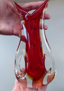 VERY LARGE 1960s Murano SOMMERSO Red and Yellow Cased Glass Vase. Holes to Side. Height 9 3/4 inch