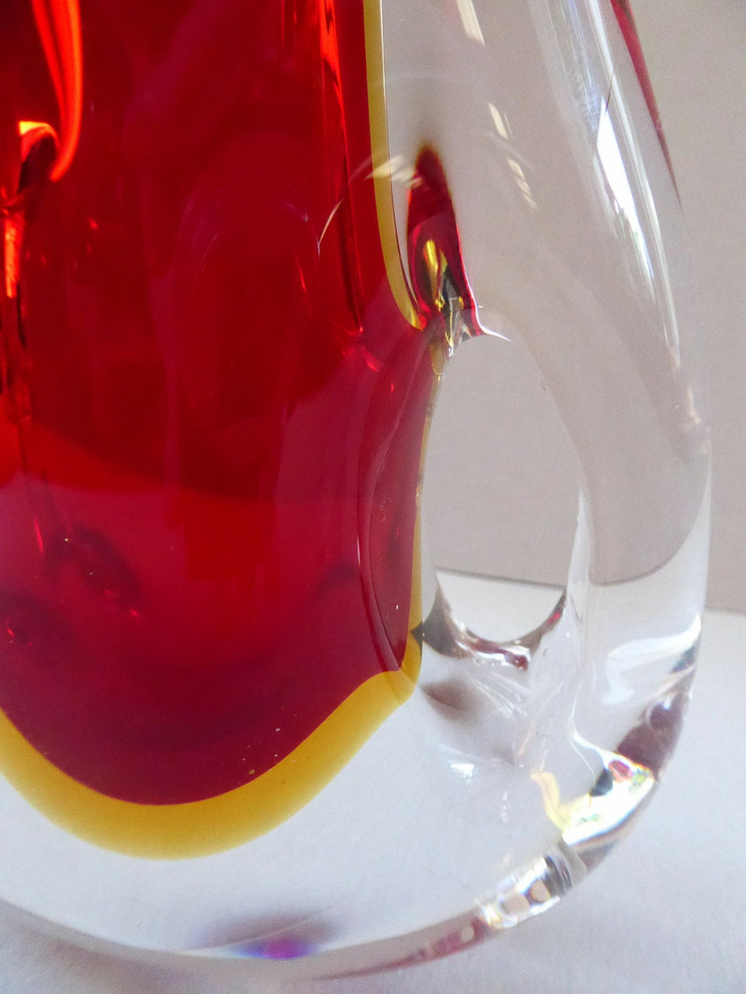 VERY LARGE 1960s Murano SOMMERSO Red and Yellow Cased Glass Vase. Holes to Side. Height 9 3/4 inch