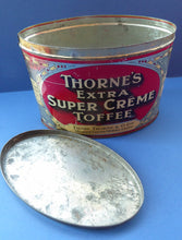 Load image into Gallery viewer, Rare Early 20th Century Art Nouveau Thorne&#39;s Extra Super Creme Advertising Toffee Tin; c 1910
